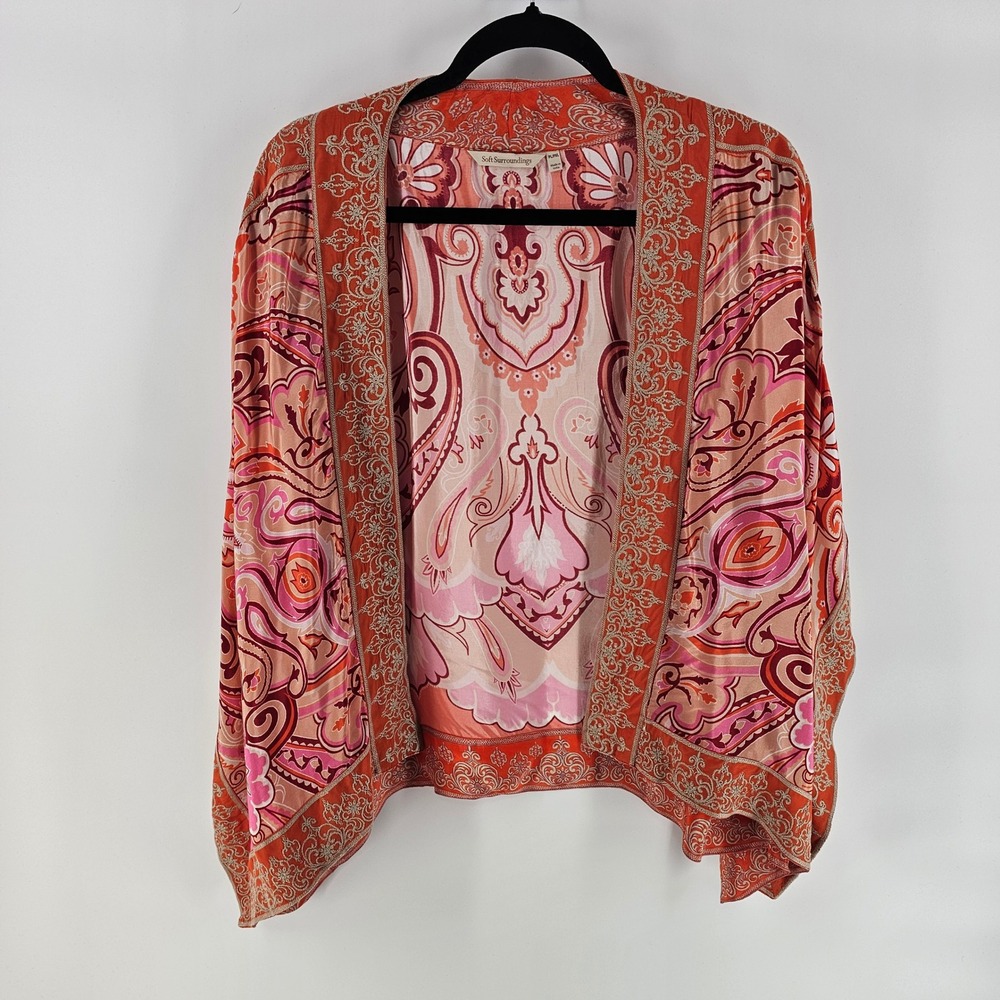 Soft Surroundings Kimono Top PL/PXL Orange Paisley Embroidered Boho Wrap Artsy